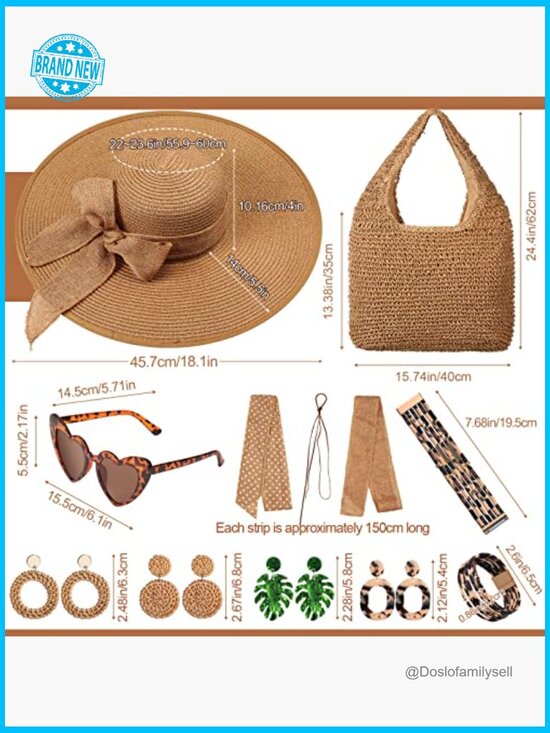 Straw Beach Hat with Bag and Boho Jewelry Set Summer Sunglasses Accessory Bundle main image 6